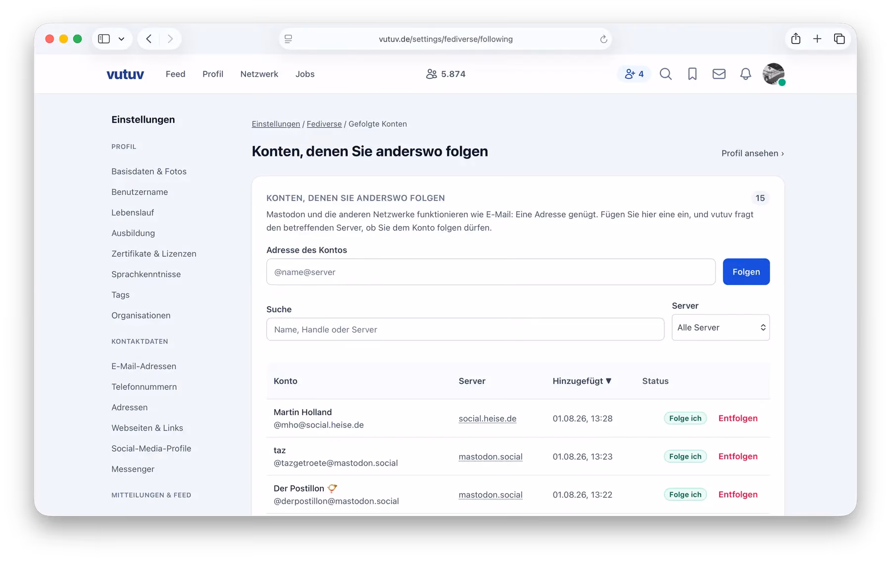 The settings page for followed Fediverse accounts: a field to enter an address like @name@server, and a table of accounts already followed with their server and an unfollow link.