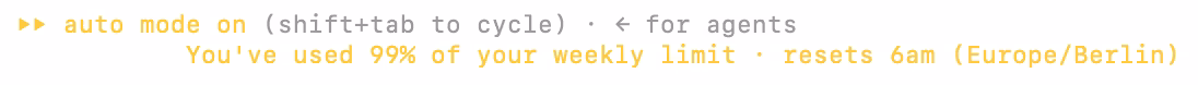"You've used 99% of your weekly limit" Claude Code Meldung.